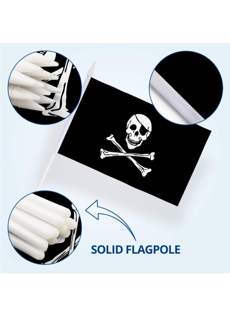 Pirate Stick Flag Jolly Roger 5x8 inch HandHeld Mini Flag with 12 White Solid Pole - Vivid Color and Fade Resistant - 5 x 8 inch Hand Held Stick Flags With Spear Top 1 Dozen