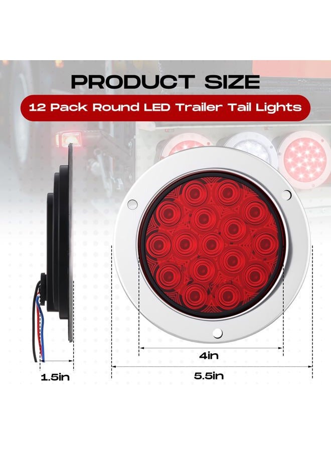 Riakrum 12pcs 4 Inch Round LED Trailer Tail Lights Kit 12 Red Round 16 LED Stop Turn Tail Backup Reverse Trailer Lights for Truck RV Flat Bed Camper - Image 2