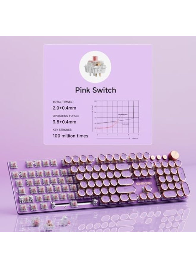 EWEADN V20 Typewriter Keyboard Wireless, 104 Keys Typewriter Style Mechanical with White Backlit, Media Knob, Pink Switch 2.4G/Bluetooth/USB-C Wired Retro Full Size Keyboard for Windows/Mac/PC-Purple - Image 4