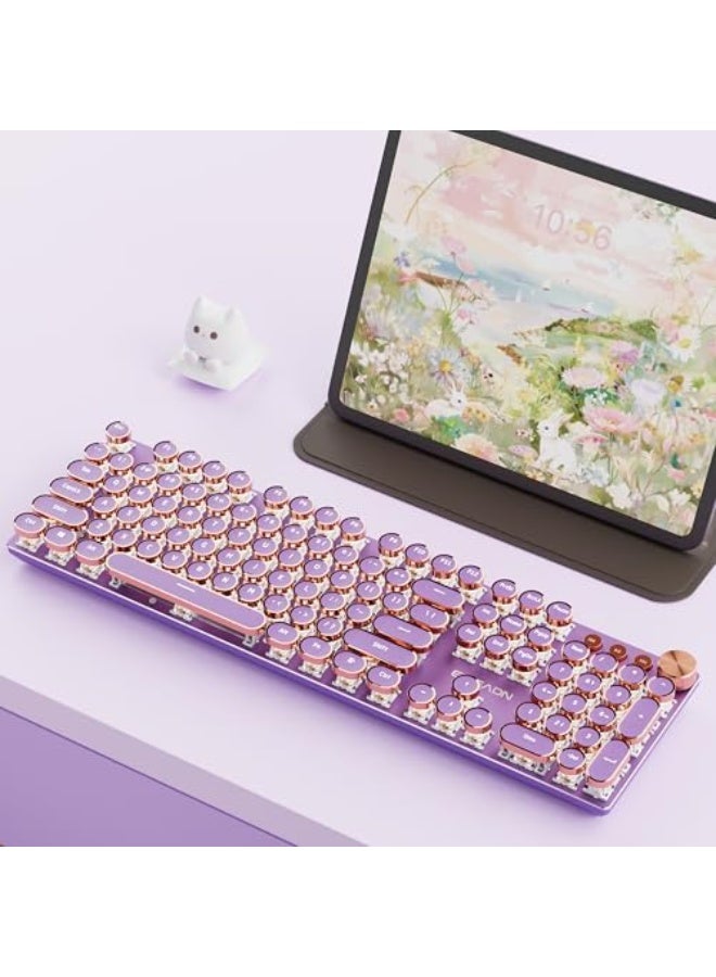 EWEADN V20 Typewriter Keyboard Wireless, 104 Keys Typewriter Style Mechanical with White Backlit, Media Knob, Pink Switch 2.4G/Bluetooth/USB-C Wired Retro Full Size Keyboard for Windows/Mac/PC-Purple - Image 1