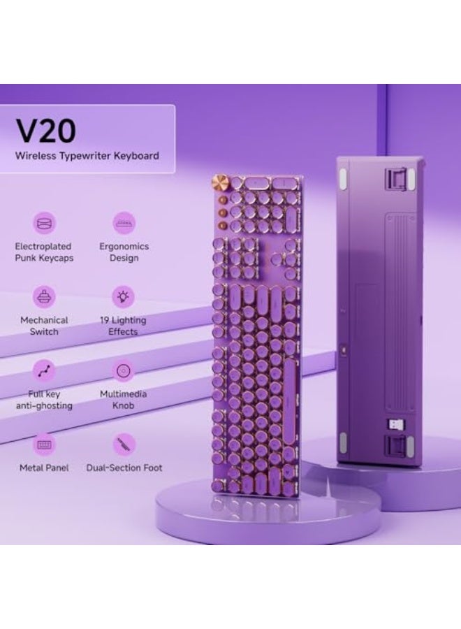 EWEADN V20 Typewriter Keyboard Wireless, 104 Keys Typewriter Style Mechanical with White Backlit, Media Knob, Pink Switch 2.4G/Bluetooth/USB-C Wired Retro Full Size Keyboard for Windows/Mac/PC-Purple - Image 2