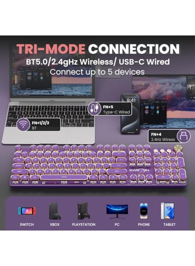 EWEADN V20 Typewriter Keyboard Wireless, 104 Keys Typewriter Style Mechanical with White Backlit, Media Knob, Pink Switch 2.4G/Bluetooth/USB-C Wired Retro Full Size Keyboard for Windows/Mac/PC-Purple - Image 3