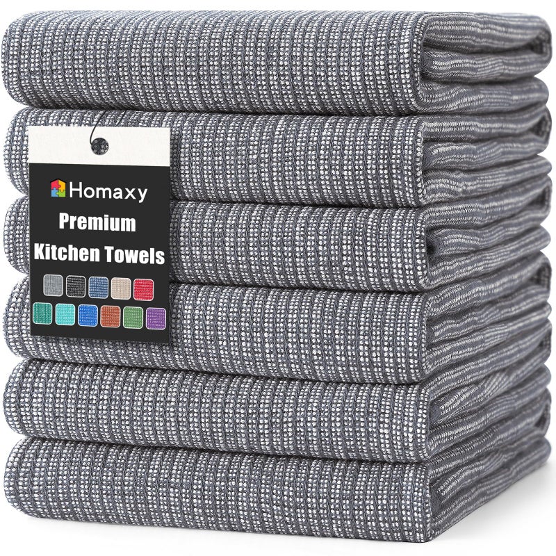 Homaxy Premium Kitchen Towels(18â€x 28â€, 6 Pack), Large Cotton Kitchen Hand Towels, Flat and Terry Dish Towels, 380 GSM Highly Absorbent Tea Towel Set with Hanging Loop, Grey - Image 1