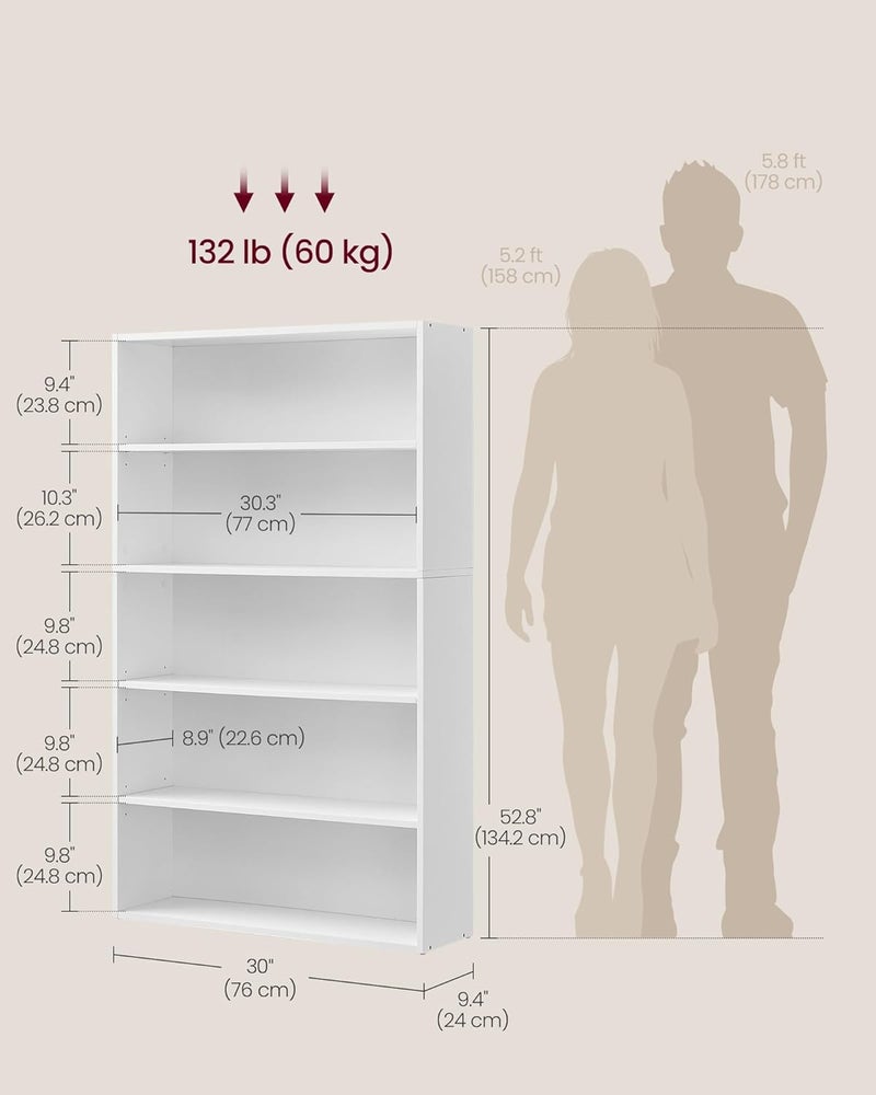 VASAGLE Custos Collection - Bookshelf, 5-Tier Bookcase, Book Shelf, Open Storage Shelf, 9.4 x 30 x 52.8 Inches, for Living Room, Home Office, Dinning Room, Cloud White - Image 3
