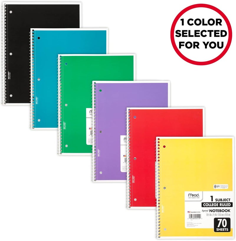 Mead Spiral Notebooks, 1 Subject, College Ruled, 70 Sheets, Assorted Colors, Color Selected For You May Vary, 1 Count (05512) - Image 2
