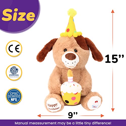 Hopearl Adorable Happy Birthday Dog with Glowing Cupcake Musical Stuffed Animal Puppy Singing and Shaking Plush Toy Interactive Animated Kids Gifts Brown 15 - Image 5