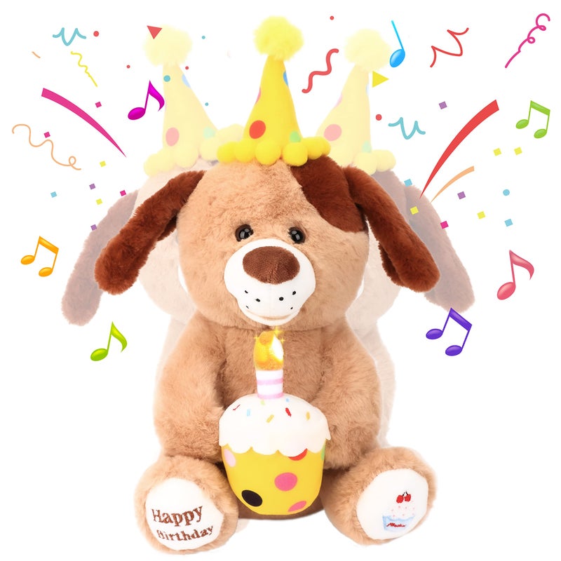 Hopearl Adorable Happy Birthday Dog with Glowing Cupcake Musical Stuffed Animal Puppy Singing and Shaking Plush Toy Interactive Animated Kids Gifts Brown 15 - Image 3