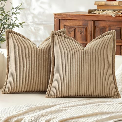 Mecatny Corduroy Summer Throw Pillow Covers 20x20 Set of 2, Neutral Decorative Soft Boho Couch Pillow Covers with Broadside for Sofa Living Room, Khaki - Image 1