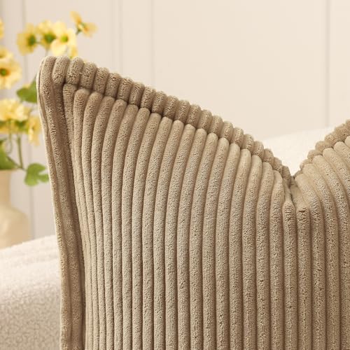 Mecatny Corduroy Summer Throw Pillow Covers 20x20 Set of 2, Neutral Decorative Soft Boho Couch Pillow Covers with Broadside for Sofa Living Room, Khaki - Image 4
