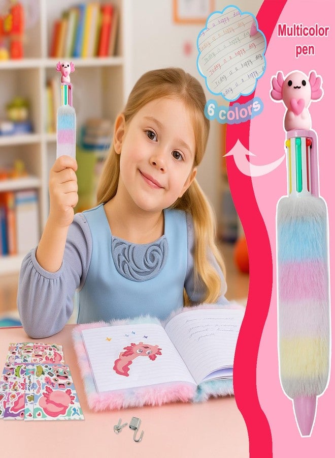 Kipwake Axolotl Diary Kit with lock,Axolotl Gifts,Set for Girls,Secret Diary Journal Notebook,Plush Carrier Bag,Multicolored Pen,Cute Keychains,Stickers,Idea Birthday Gift For Girls 5 6 7 8 9 10-12 Years Old - Image 4