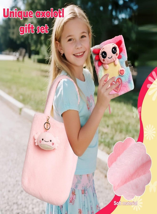 Kipwake Axolotl Diary Kit with lock,Axolotl Gifts,Set for Girls,Secret Diary Journal Notebook,Plush Carrier Bag,Multicolored Pen,Cute Keychains,Stickers,Idea Birthday Gift For Girls 5 6 7 8 9 10-12 Years Old - Image 3