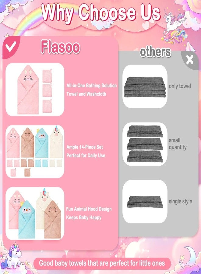 Flasoo 14 Pcs Baby Towel Set, Soft Baby Bath Towels and Washcloths Set, 4 Pcs 32x32 in Cute Animal Hooded Baby Towel and 10 Pcs Baby Washcloths for Infants, Toddlers and Kids - Image 2