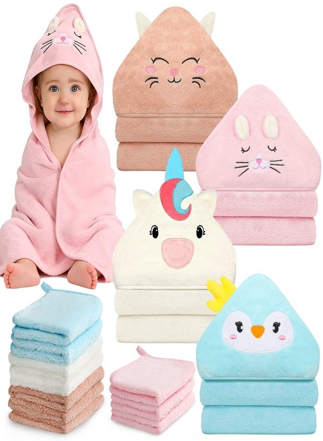 Flasoo 14 Pcs Baby Towel Set, Soft Baby Bath Towels and Washcloths Set, 4 Pcs 32x32 in Cute Animal Hooded Baby Towel and 10 Pcs Baby Washcloths for Infants, Toddlers and Kids - Image 1