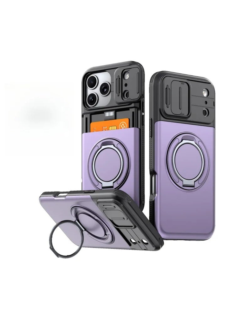 iPhone 17 Pro Max Shockproof Case with Sliding Camera Cover, Magnetic 360° Rotating Ring Holder, Hidden Card Slot, Soft Touch Design & Full Corner Protection - Image 1