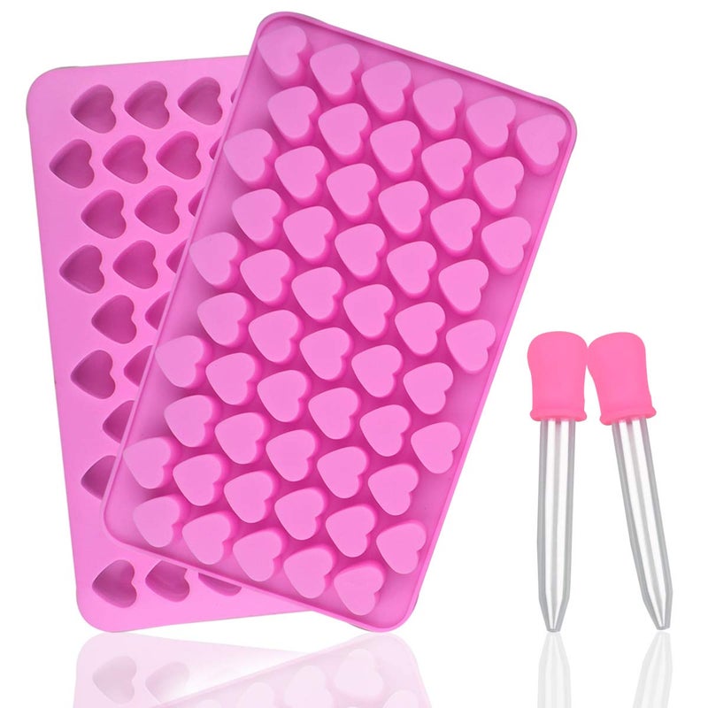 2 Pack Silicone Mini Heart Molds with 2 Droppers  Ice Cube Gummy Chocolate  Soap Molds  Pink
