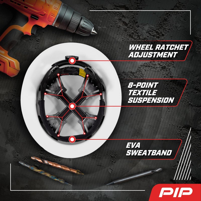 PIP Dynamic WolfJaw Fiberglass Full Brim Hard Hat with Wheel Ratchet, 8 Point Suspension, ANSI/ISEA Z89.1 Type 1 Certified, Glass G Electrical Rating, White (280-HP1481EAG-01) - Image 4