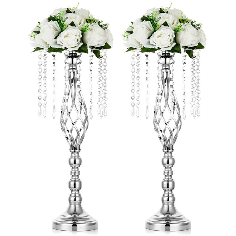 Nuptio 2 Pcs Silver Wedding Centerpieces Flower Stand 217in55cm Height Wedding Road Lead Flower Vases Crystal Artificial Flower Arrangements for Wedding Party Birthday Event Reception Home Decor
