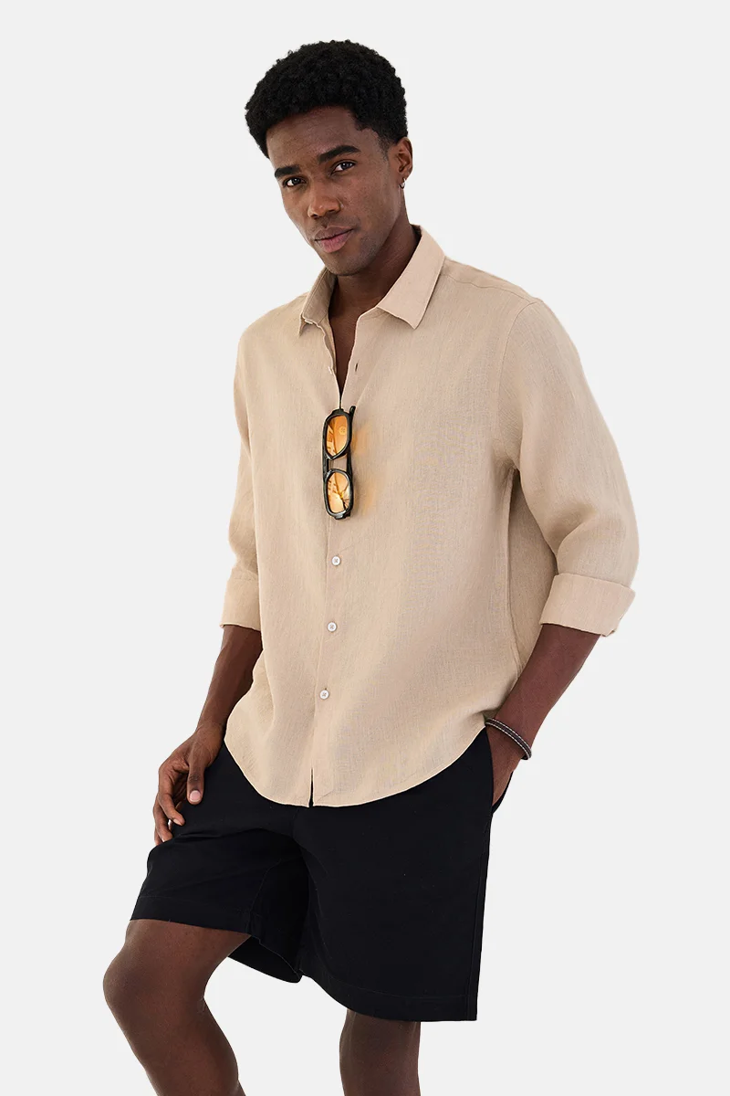 SNITCH Beige Solid Long Sleeve Regular Fit Shirt