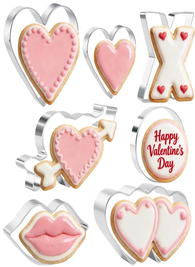 KAISHANE Valentine's Day Cookie Cutter Set - 7 Piece Stainless Steel Cookie Cutters Mold, Lips, Heart with Arrow, Double Heart, X and O for Couple Party Dating - Image 1