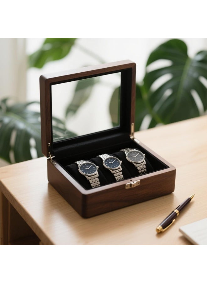 NANAO صندوق ساعة من الجوز، صندوق تخزين الساعات لسلسلة ساعات الرجال الميكانيكية والأساور والنظارات، حرفية جميلة، هدية مثالية لعشاق الساعات وجامعيها، منظمات الساعات (3 فتحات بطاقات من الجوز) - Image 3
