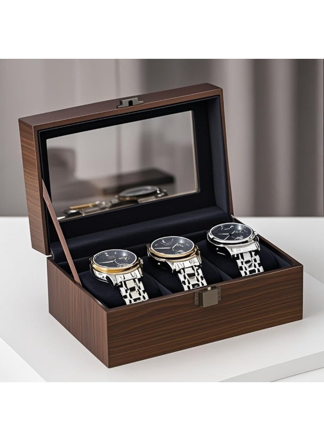 NANAO صندوق ساعة من الجوز، صندوق تخزين الساعات لسلسلة ساعات الرجال الميكانيكية والأساور والنظارات، حرفية جميلة، هدية مثالية لعشاق الساعات وجامعيها، منظمات الساعات (3 فتحات بطاقات من الجوز) - Image 1