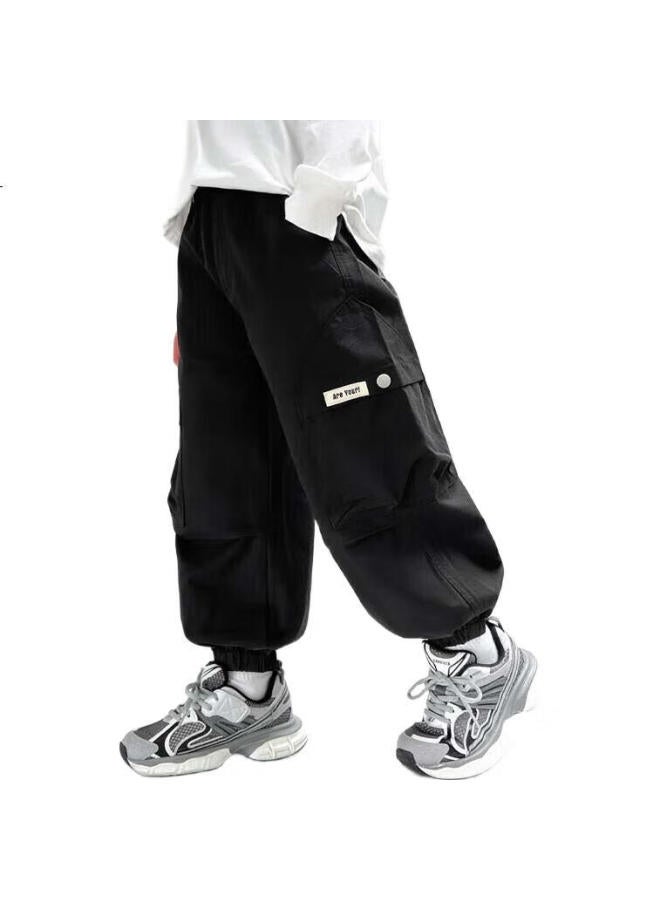 Zuoxi Boys' Cargo Pants, Children'S Trousers, Spring And Autumn, All-Cotton Outdoor Casual Pants, Loose-Fitting Long Pants, Black, Size 140 - Image 1