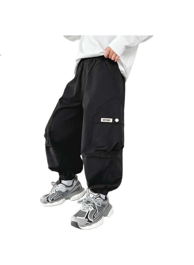Zuoxi Boys' Cargo Pants, Children'S Trousers, Spring And Autumn, All-Cotton Outdoor Casual Pants, Loose-Fitting Long Pants, Black, Size 140 - Image 2