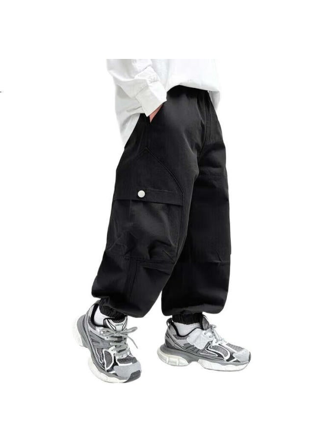 Zuoxi Boys' Cargo Pants, Children'S Trousers, Spring And Autumn, All-Cotton Outdoor Casual Pants, Loose-Fitting Long Pants, Black, Size 140 - Image 3