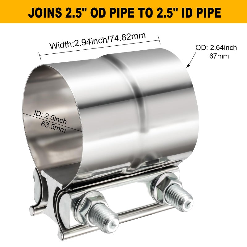 TIROL 2.5 Exhaust Clamp Exhaust Clamp Stainless Steel for Joining 2.5"" OD to 2.5"" ID Exhaust Pipe, Muffler Pipe 2Pcs - Image 2