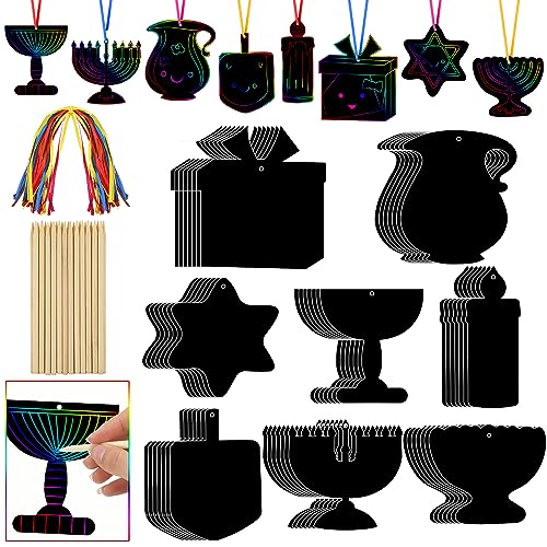 Qilery 64 Pcs Chanukah DIY Scratch Cards Set Hanukkah Party Supplies Favor Rainbow Color with Wooden Styluses Hanukkah Craft Kit for Kid Birthday DIY Art Hanukkah Themed Party Classroom Decor - Image 1
