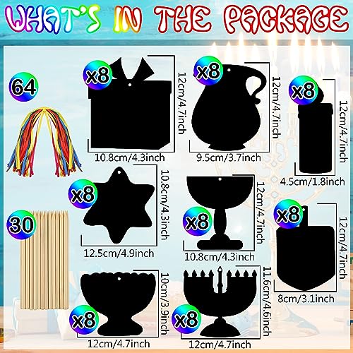 Qilery 64 Pcs Chanukah DIY Scratch Cards Set Hanukkah Party Supplies Favor Rainbow Color with Wooden Styluses Hanukkah Craft Kit for Kid Birthday DIY Art Hanukkah Themed Party Classroom Decor - Image 5