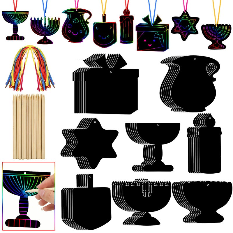 Qilery 64 Pcs Chanukah DIY Scratch Cards Set Hanukkah Party Supplies Favor Rainbow Color with Wooden Styluses Hanukkah Craft Kit for Kid Birthday DIY Art Hanukkah Themed Party Classroom Decor - Image 3