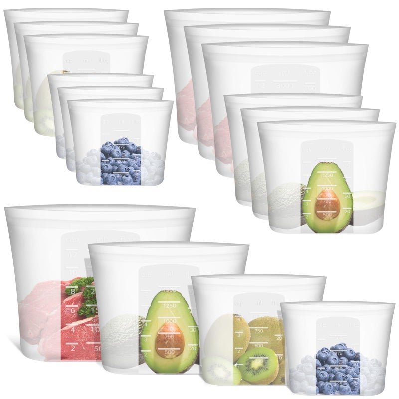 Annaklin Reusable Storage Bag, 12 Pack 100% Silicone Food Storage Bags Stand Up Zip Lock Bags for Food, Freezer Microwave Oven Dishwasher Safe, 3 Extra Large(0.8 Gallon) 3 Medium 3 Small 3 X-Small, Translucent - Image 1