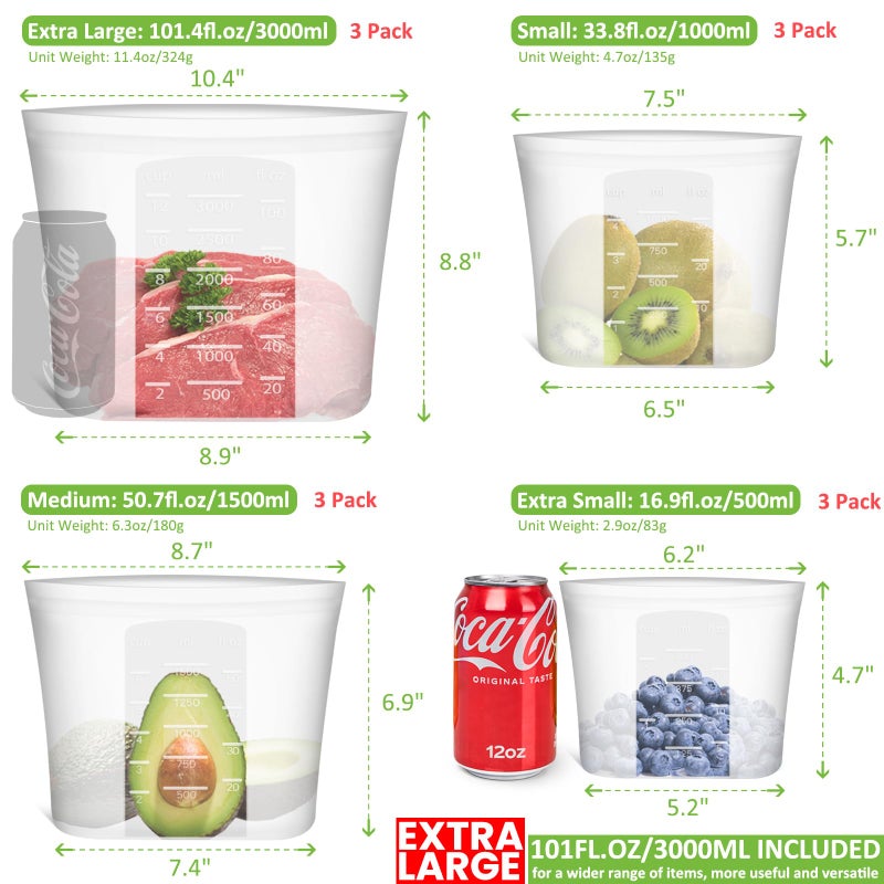 Annaklin Reusable Storage Bag, 12 Pack 100% Silicone Food Storage Bags Stand Up Zip Lock Bags for Food, Freezer Microwave Oven Dishwasher Safe, 3 Extra Large(0.8 Gallon) 3 Medium 3 Small 3 X-Small, Translucent - Image 3