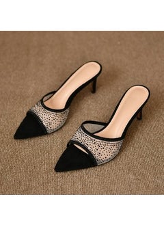2024 New Womens Elegant High Heel Mesh Sandals With Water Diamonds One-Row Dragging Style Summer Outerwear Thin Heel Black