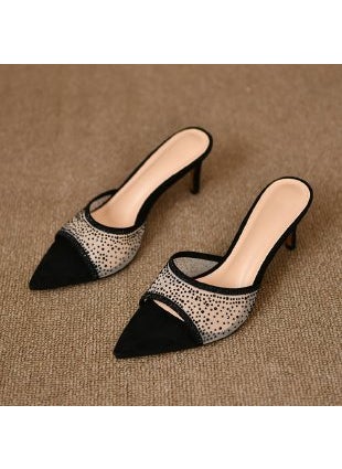 Generic - 2024 New Womens Elegant High Heel Mesh Sandals With Water Diamonds One-Row Dragging Style Summer Outerwear Thin Heel Black - Image 1