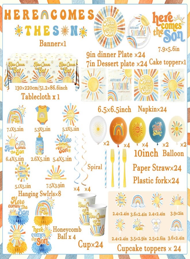 Peghoqu Here Comes The Son Baby Shower Tableware Decor for Boys,Boho Rainbow Sun Themed Party Decorations Disposable Banner,Tablecloth,Plates,Napkin,Balloon,Cupcake Topper,Serve 24 - Image 3