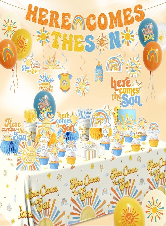 Peghoqu Here Comes The Son Baby Shower Tableware Decor for Boys,Boho Rainbow Sun Themed Party Decorations Disposable Banner,Tablecloth,Plates,Napkin,Balloon,Cupcake Topper,Serve 24 - Image 5