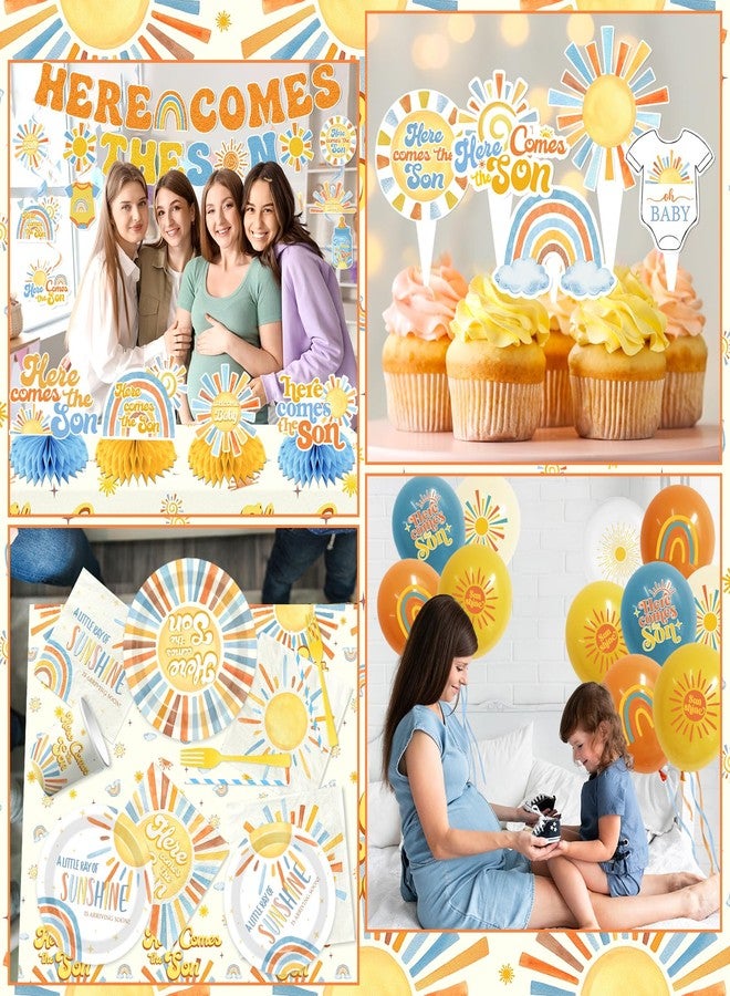 Peghoqu Here Comes The Son Baby Shower Tableware Decor for Boys,Boho Rainbow Sun Themed Party Decorations Disposable Banner,Tablecloth,Plates,Napkin,Balloon,Cupcake Topper,Serve 24 - Image 4