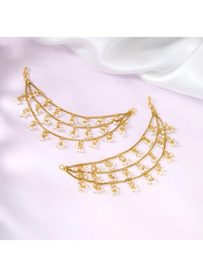 Peora Traditional Jewellery Gold Plated Pearl Layered Hair Chain Accessories with Hook for Women Girls - Image 3