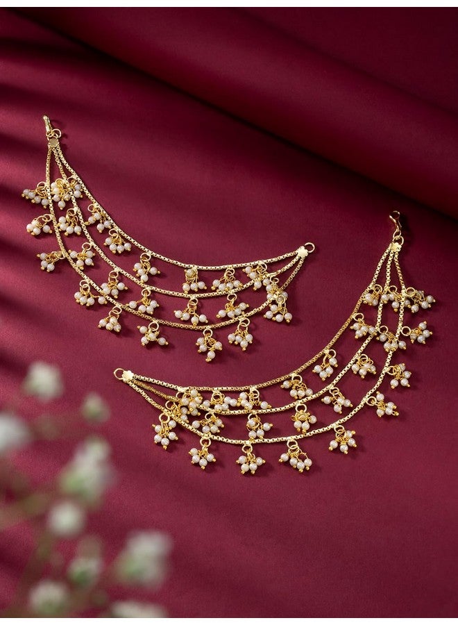 Peora Traditional Jewellery Gold Plated Pearl Layered Hair Chain Accessories with Hook for Women Girls - Image 2