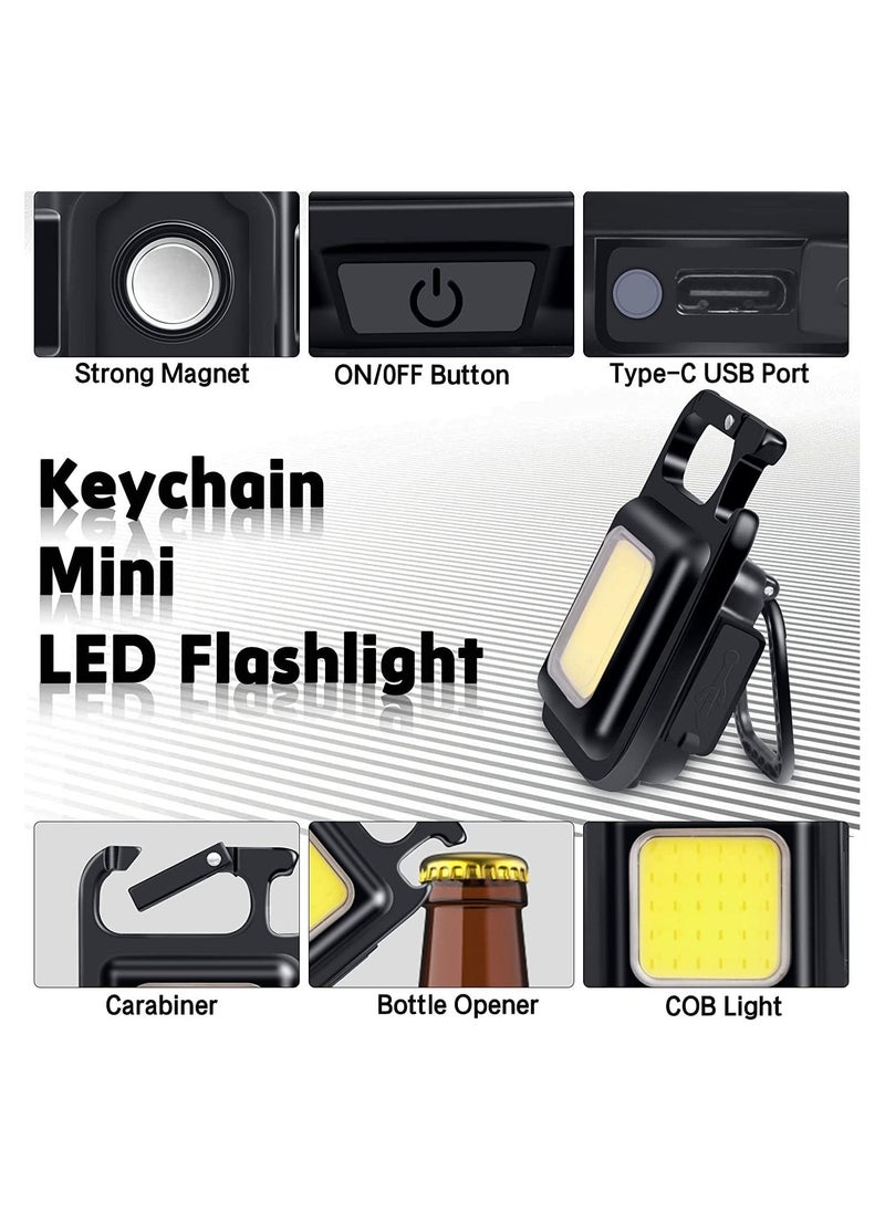 COB Small Flashlights, 800Lumens Bright Rechargeable Keychain Mini Flashlight 4 Light Modes Portable Pocket Light with Folding Bracket Bottle Opener and Magnet Base