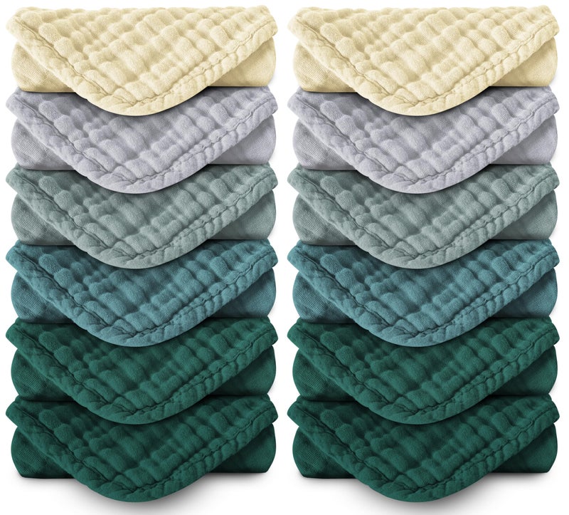 Spotted Play Muslin Burp Cloths 100% Cotton Large 20''x10'' Extra Soft and Absorbent Baby Wash Cloths Spit Up Rags - Baby Burping Cloth for Boys Girls Items(12 Pack Ivory, Slate and Emerald Series) - Image 1