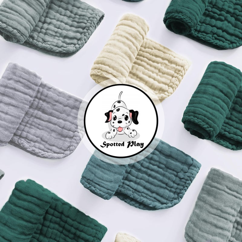 Spotted Play Muslin Burp Cloths 100% Cotton Large 20''x10'' Extra Soft and Absorbent Baby Wash Cloths Spit Up Rags - Baby Burping Cloth for Boys Girls Items(12 Pack Ivory, Slate and Emerald Series) - Image 2