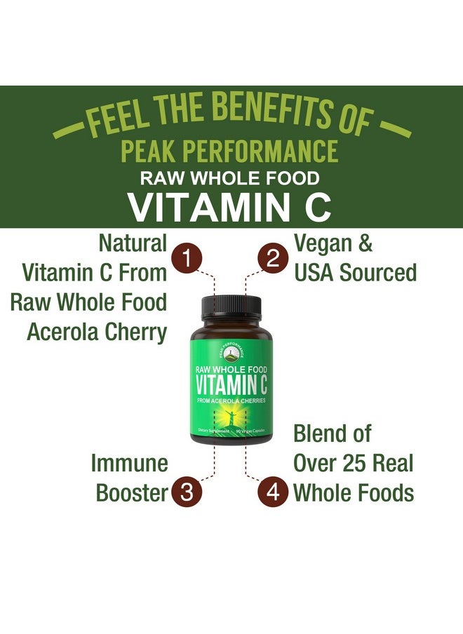 Peak Performance Raw Whole Food Natural Vitamin C Capsules From Acerola Cherry For Max Absorption. Vegan Usa Sourced Vitamin C Supplement 90 Pills. 500 Mg Serving Or 2 Servings 1000Mg  - Image 4
