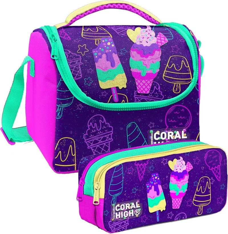 CORAL HIGH Purple Pink Ice Cream Patterned Girl Thermal Insulated Lunch Bag and Pencil Case Set