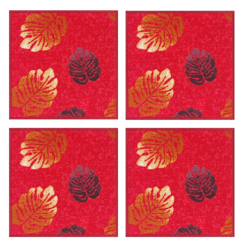 Mac Carpet Square Shape Door Mat (50x50cm, Set of 4 Pieces, Red Leaf)