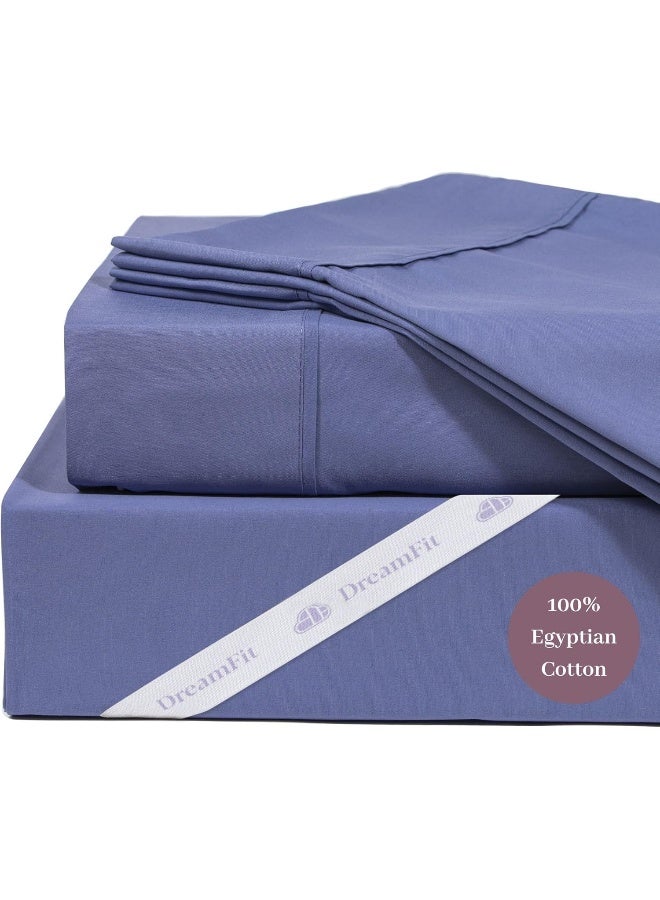 DreamFit DreamCool 100% Egyptian Cotton Cooling Bed Sheet Set with Elastic Corner Straps 400 Thread Count Extra Deep Pocket Made in USA Queen Sheet Set- Blue - Image 1