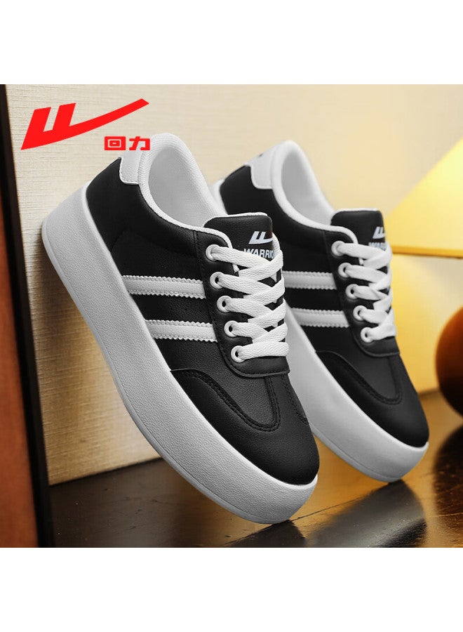 Warrior Women's Thick Sole Retro Leather Casual Sneakers Black White Size 37