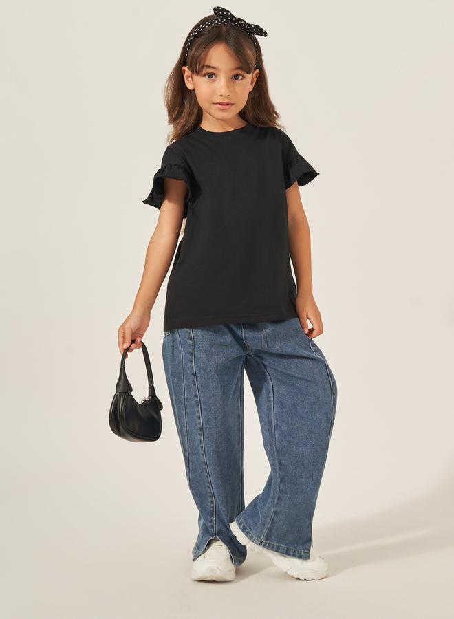 Styli Solid Dropped Shoulder T-Shirt with Ruffled Detail - Image 1